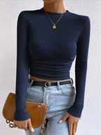 Lyssia | Women's Waffle Knit Top Long Sleeve Cropped Fitted Cosy Casual Off Duty Layering Tee-Women's Long Sleeve Tops-Navy-S-