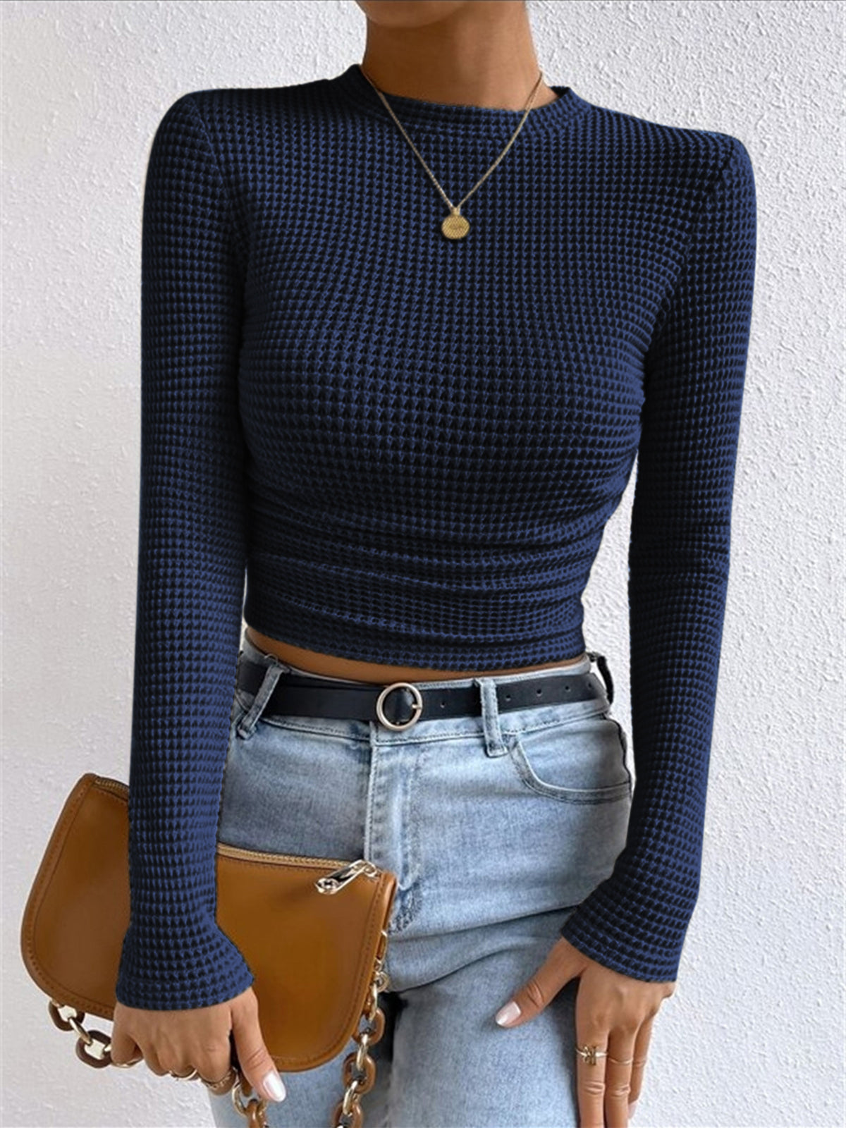 Lyssia | Women's Waffle Knit Top Long Sleeve Cropped Fitted Cosy Casual Off Duty Layering Tee-Women's Long Sleeve Tops-Navy-S-