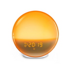 GlowRise sunrise alarm clock radio with glowing orange LED display showing 2:18