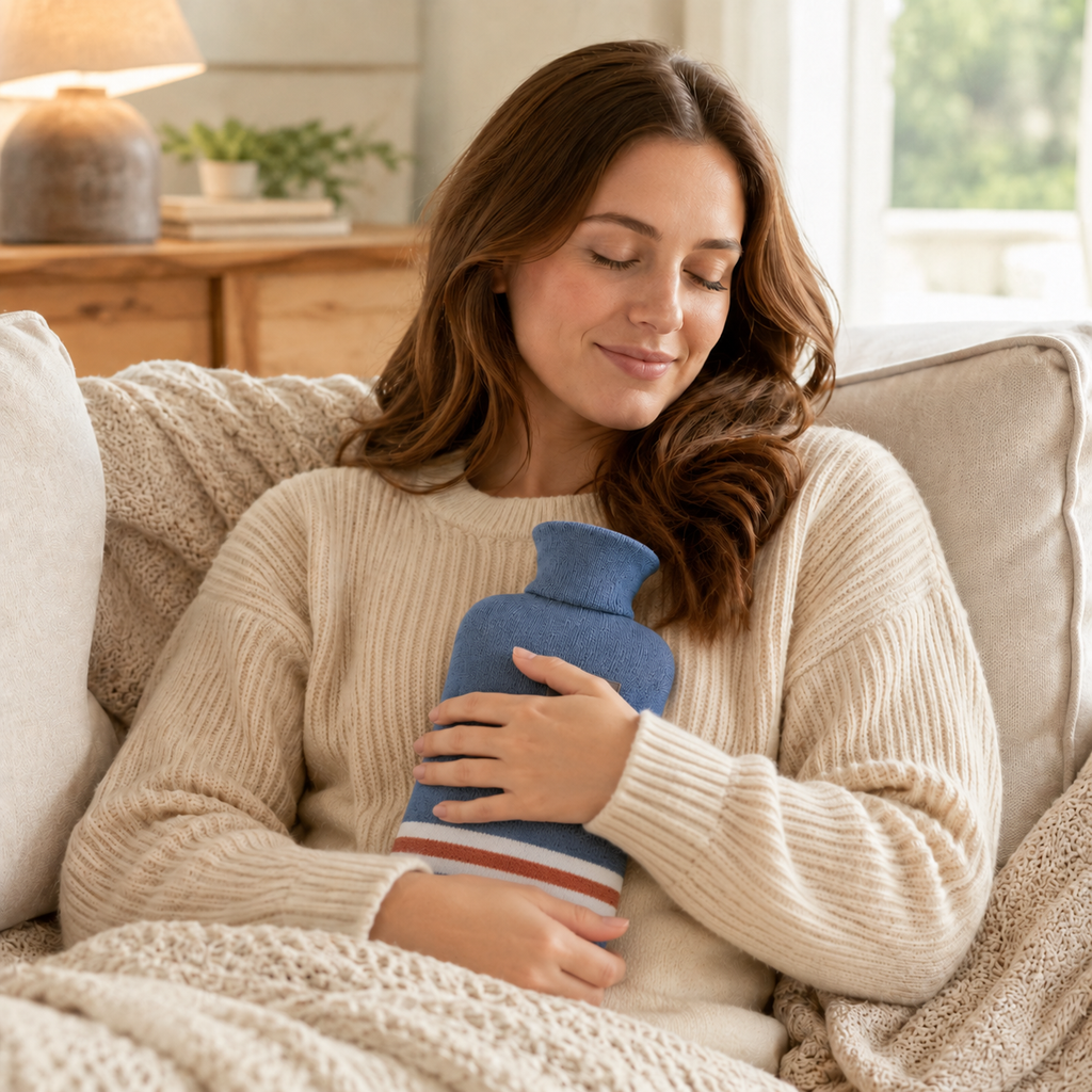 Woman holding a blue knit hot water bottle while relaxing on a couch