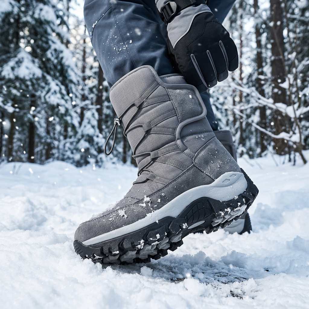 Gray lace-up winter snow boot with padded collar and deep tread non-slip sole