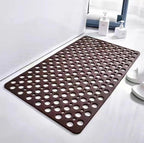 Brown non-slip shower mat with circular drain holes and scalloped edge corners