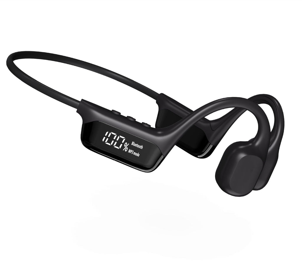 Black waterproof bone conduction swimming headphones with built-in control display