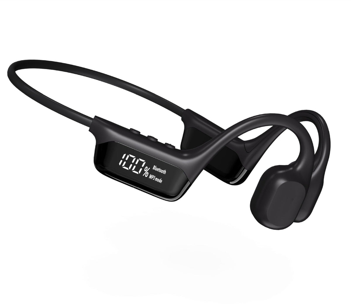 Black waterproof bone conduction swimming headphones with built-in control display