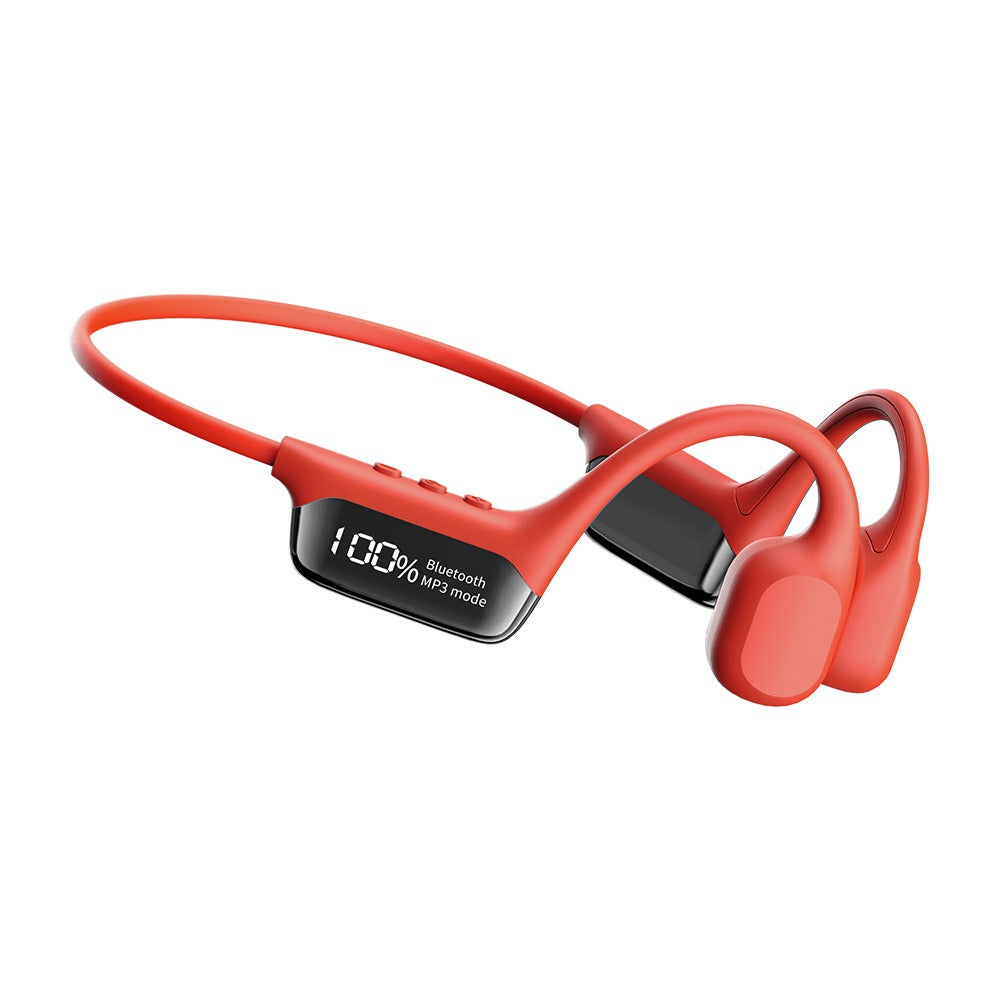 Red waterproof bone conduction swimming headphones with built-in control display