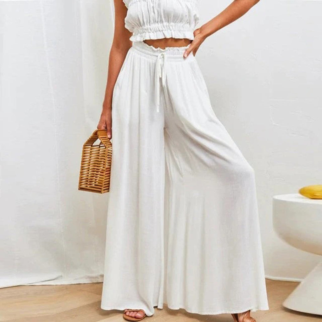 Isadora | High Waist Elastic Pants for Women - Drawstring A-Line Pockets Long Airy Fit-Women's Pants-White-S-Camoufit