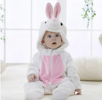 White rabbit hooded zip-up baby onesie with pink inner ears and soft plush paws
