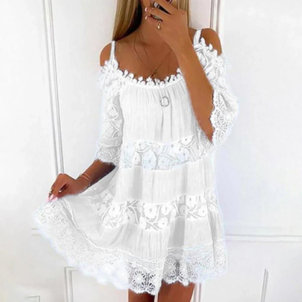 Meliora | Cold Shoulder Mini Dress for Women - Lace Floral Embroidery Regular Summer Fit-Mini Dress-White-S-Camoufit