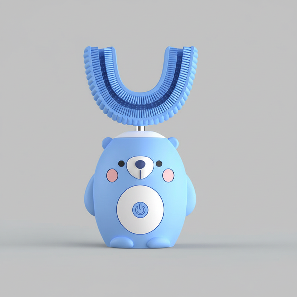 Blue kids electric toothbrush with bear head and U-shaped bristles