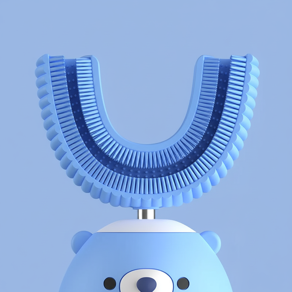Top view of blue kids electric toothbrush with U-shaped bristles and power button