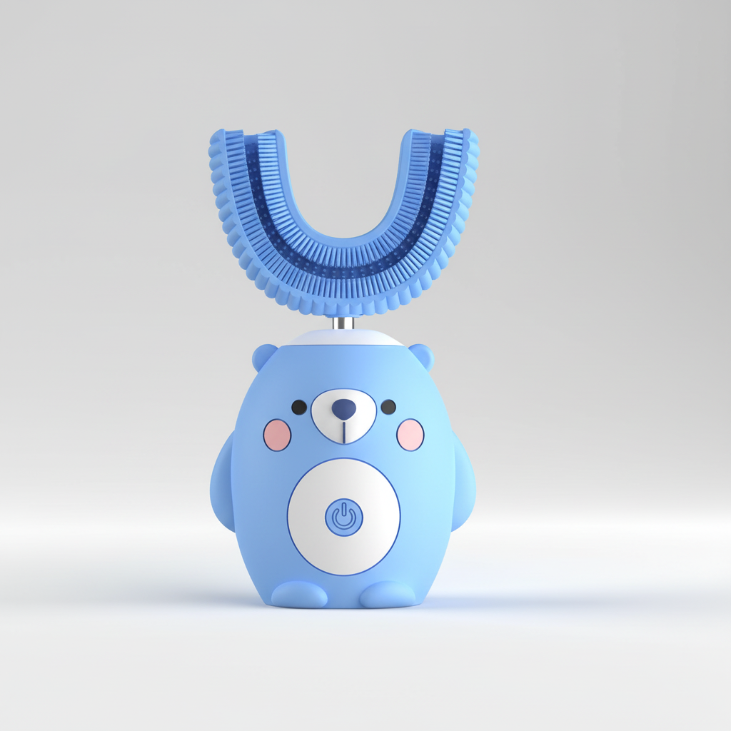 Blue bear-shaped kids electric toothbrush base with U-shaped sonic bristles