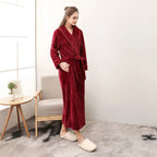 Women's long plush robe in deep burgundy, tie belt, shawl collar, long sleeves