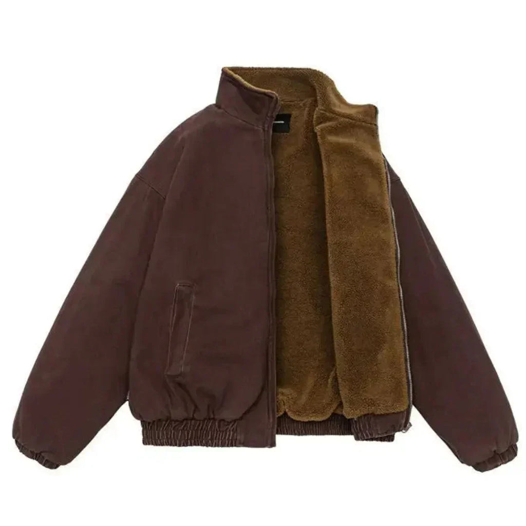 Men's brown zip-up winter jacket with sherpa-lined collar and ribbed hem