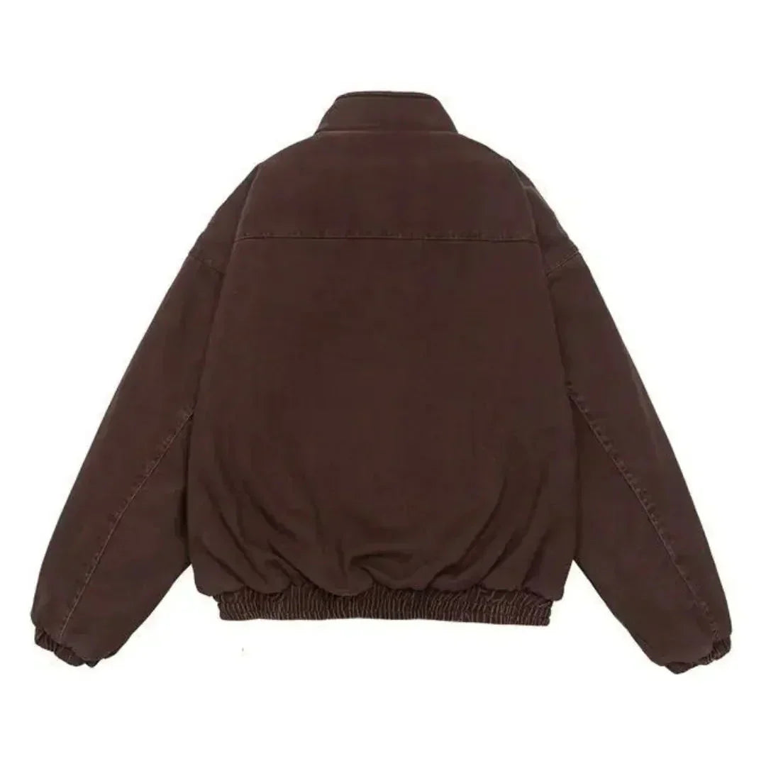 Men's brown winter jacket, back view, full zip and ribbed cuffs