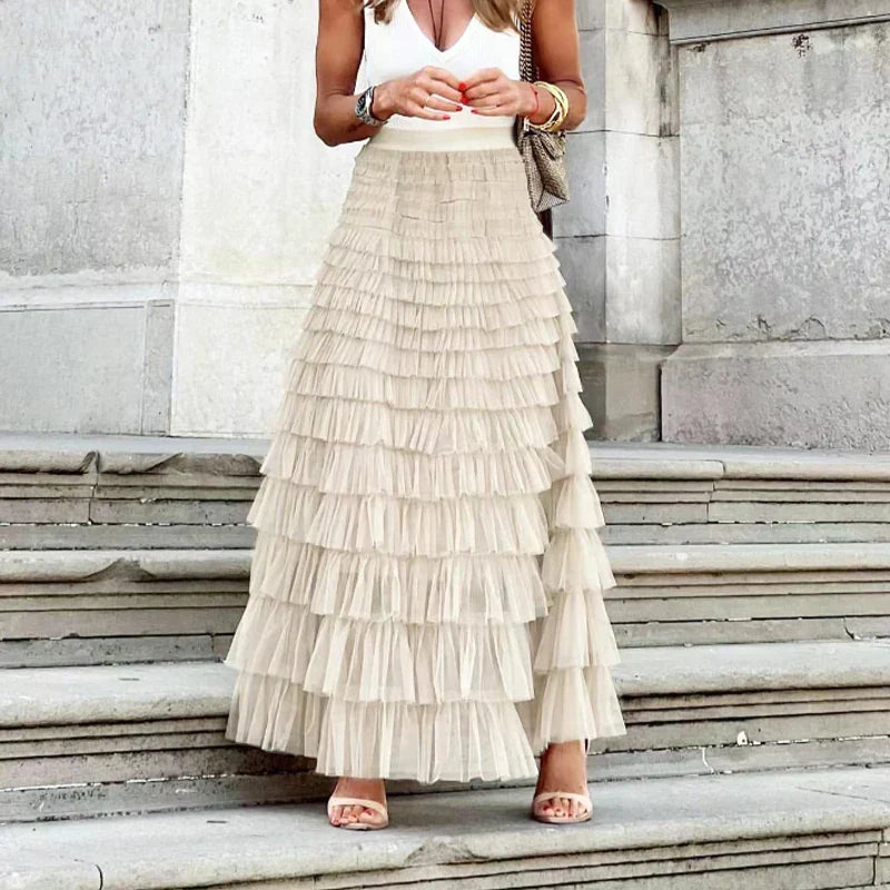 Odalys | Elegant Tulle Midi Skirt for Women - Flowy Layered Semi-Sheer Regular Fit-Women's Skirt-Pink-S-Camoufit