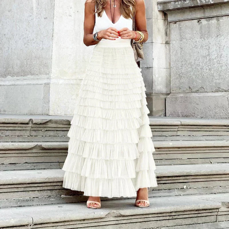Odalys | Elegant Tulle Midi Skirt for Women - Flowy Layered Semi-Sheer Regular Fit-Women's Skirt-White-S-Camoufit