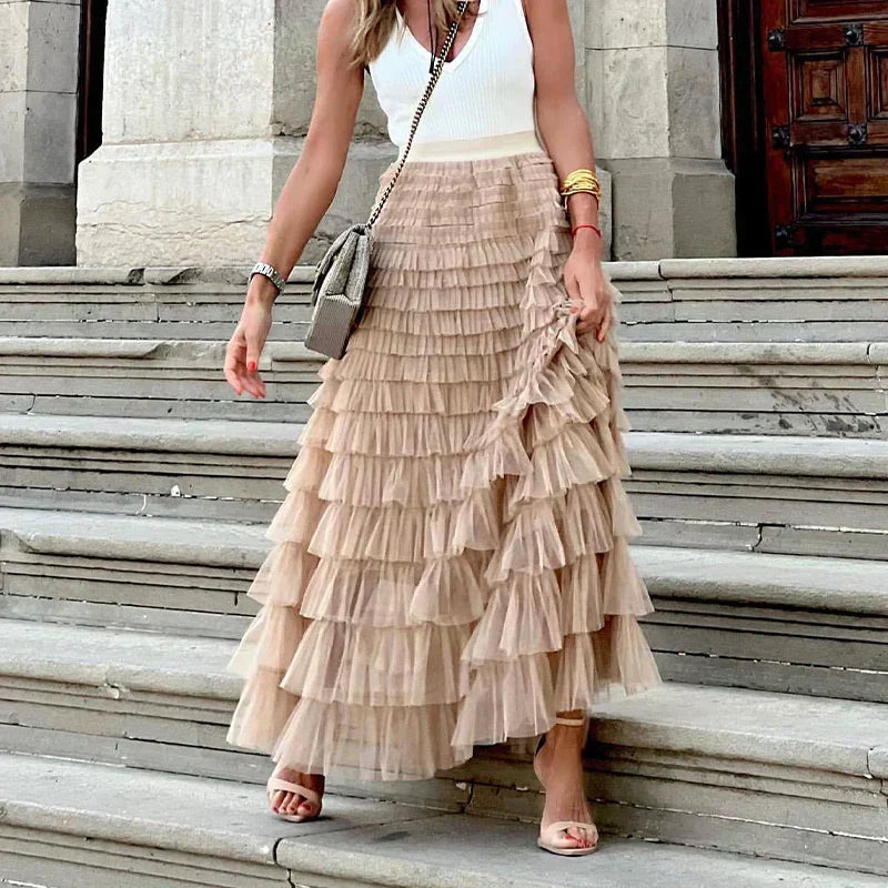 Odalys | Elegant Tulle Midi Skirt for Women - Flowy Layered Semi-Sheer Regular Fit-Women's Skirt-Pink-S-Camoufit
