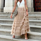 Odalys | Elegant Tulle Midi Skirt for Women - Flowy Layered Semi-Sheer Regular Fit-Women's Skirt-Pink-S-Camoufit