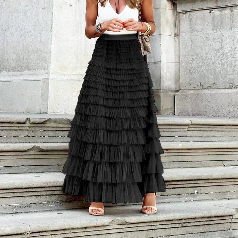 Odalys | Elegant Tulle Midi Skirt for Women - Flowy Layered Semi-Sheer Regular Fit-Women's Skirt-Black-S-Camoufit