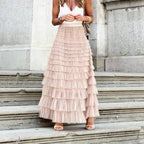 Odalys | Elegant Tulle Midi Skirt for Women - Flowy Layered Semi-Sheer Regular Fit-Women's Skirt-Pink-S-Camoufit