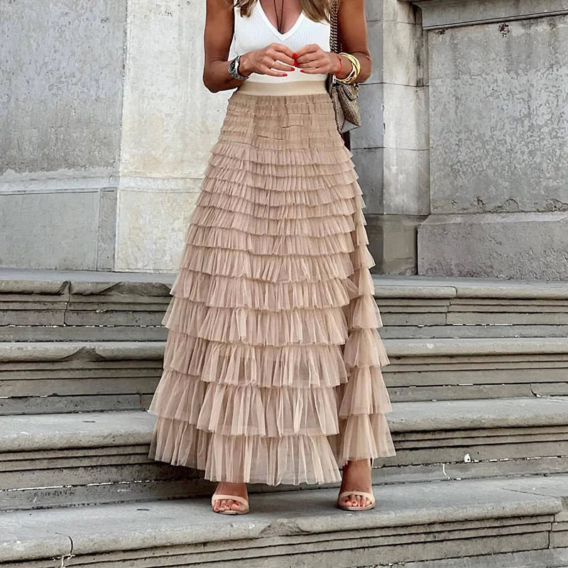 Odalys | Elegant Tulle Midi Skirt for Women - Flowy Layered Semi-Sheer Regular Fit-Women's Skirt-Khaki-S-Camoufit