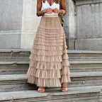 Odalys | Elegant Tulle Midi Skirt for Women - Flowy Layered Semi-Sheer Regular Fit-Women's Skirt-Khaki-S-Camoufit