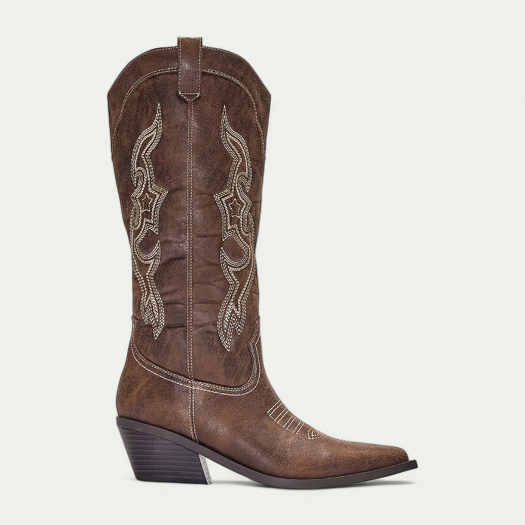 Women's brown boots with pointed toe, decorative stitch, stacked block heel