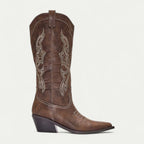 Women's brown boots with pointed toe, decorative stitch, stacked block heel