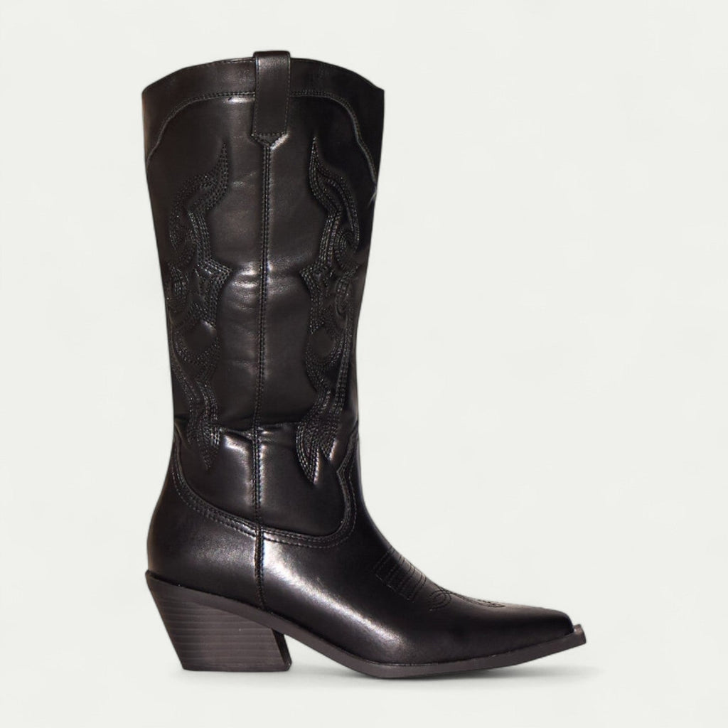 Women's black boots with pointed toe, ornate stitch panel, stacked block heel