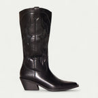 Women's black boots with pointed toe, ornate stitch panel, stacked block heel