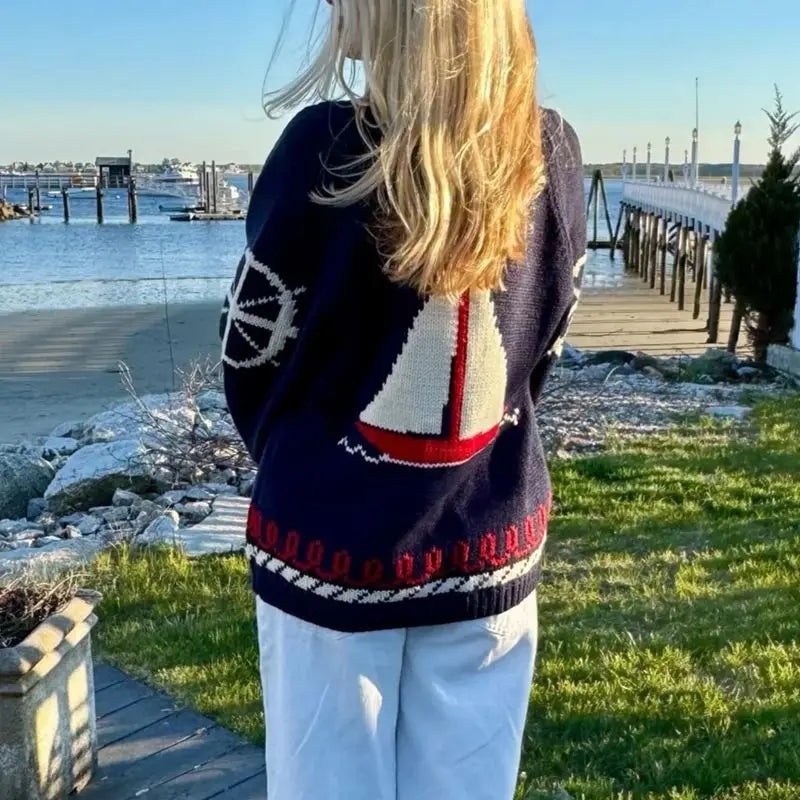 Velina | Women's Shawl Collar Cardigan with Sailboat Print Y2K V Neck Button Down Knit Jumper-Womens' Cardigan-Boat-S-