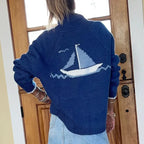 Velina | Women's Shawl Collar Cardigan with Sailboat Print Y2K V Neck Button Down Knit Jumper-Womens' Cardigan-Sailing Boat-M-