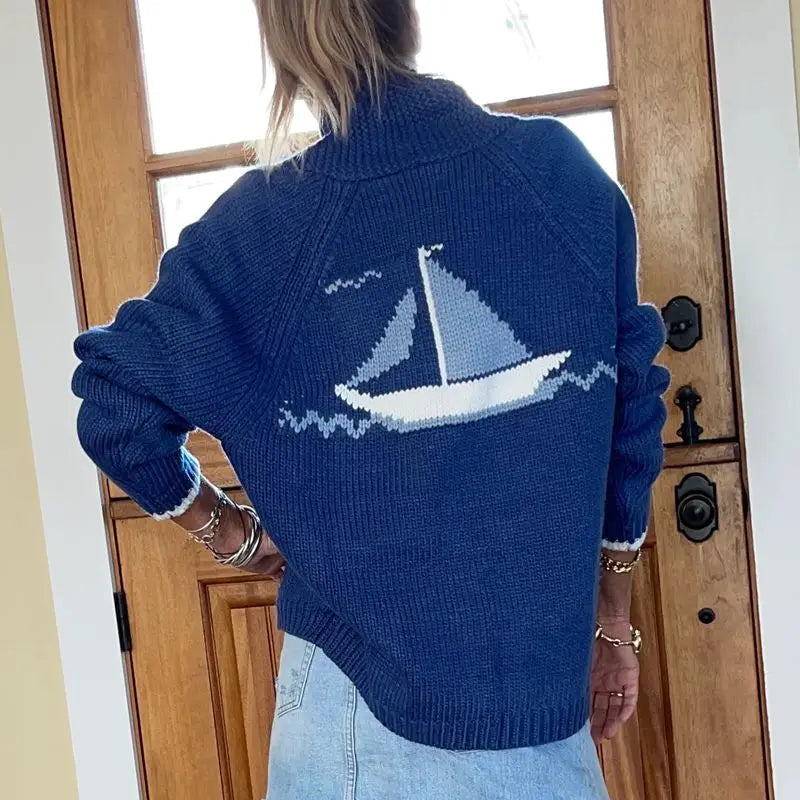 Velina | Women's Shawl Collar Cardigan with Sailboat Print Y2K V Neck Button Down Knit Jumper-Womens' Cardigan-Sailing Boat-M-