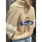 Velina | Women's Shawl Collar Cardigan with Sailboat Print Y2K V Neck Button Down Knit Jumper-Womens' Cardigan-Cowboy-XL-