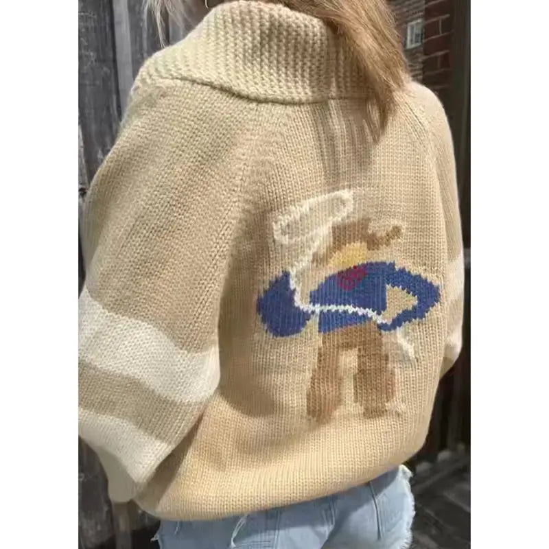 Velina | Women's Shawl Collar Cardigan with Sailboat Print Y2K V Neck Button Down Knit Jumper-Womens' Cardigan-Cowboy-XL-