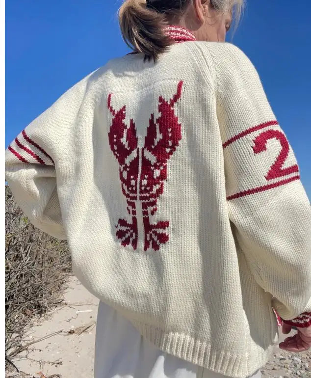 Velina | Women's Shawl Collar Cardigan with Sailboat Print Y2K V Neck Button Down Knit Jumper-Womens' Cardigan-Lobster-S-