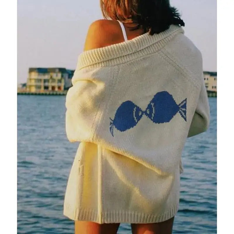 Velina | Women's Shawl Collar Cardigan with Sailboat Print Y2K V Neck Button Down Knit Jumper-Womens' Cardigan-Fish-XL-