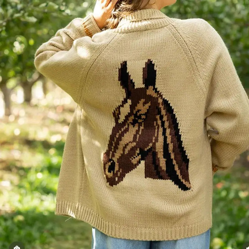 Velina | Women's Shawl Collar Cardigan with Sailboat Print Y2K V Neck Button Down Knit Jumper-Womens' Cardigan-Horse-S-