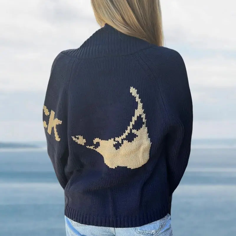 Velina | Women's Shawl Collar Cardigan with Sailboat Print Y2K V Neck Button Down Knit Jumper-Womens' Cardigan-Graphic-M-
