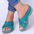Women's Slip-On Wedge Sandals with Flower Decor Open Toe Hollow Out Summer Beach Slides-Women's Sandals-Green-4-