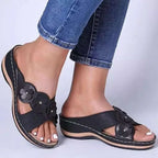 Women's Slip-On Wedge Sandals with Flower Decor Open Toe Hollow Out Summer Beach Slides-Women's Sandals-Green-4-
