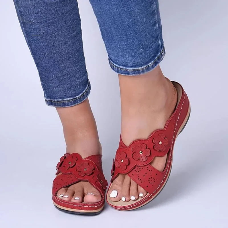 Women's Slip-On Wedge Sandals with Flower Decor Open Toe Hollow Out Summer Beach Slides-Women's Sandals-Green-4-