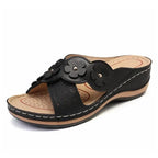 Women's Slip-On Wedge Sandals with Flower Decor Open Toe Hollow Out Summer Beach Slides-Women's Sandals-Black-4-