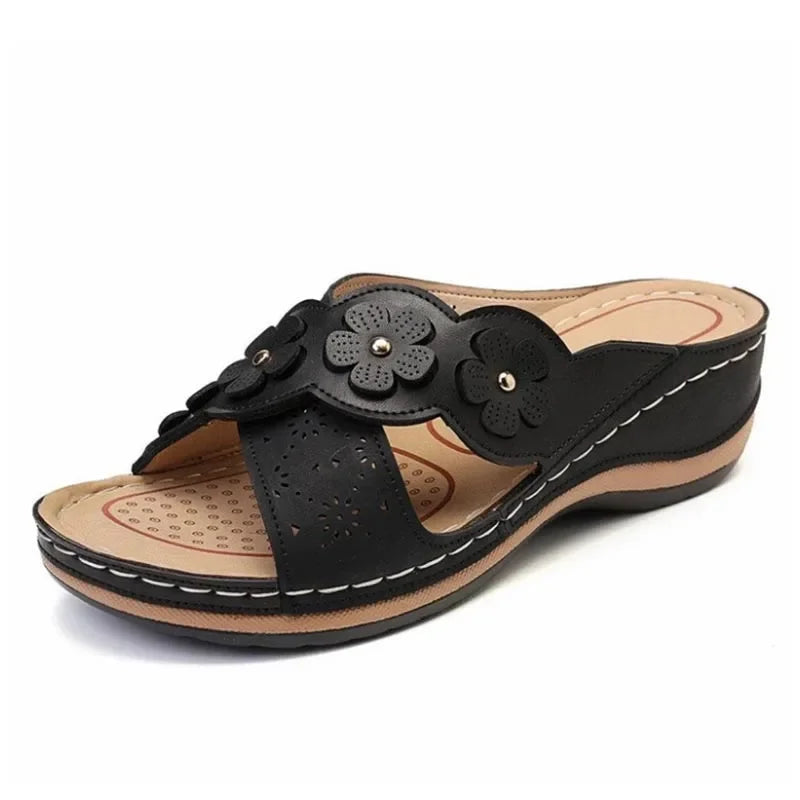 Women's Slip-On Wedge Sandals with Flower Decor Open Toe Hollow Out Summer Beach Slides-Women's Sandals-Black-4-
