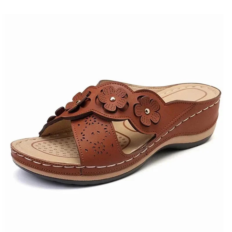 Women's Slip-On Wedge Sandals with Flower Decor Open Toe Hollow Out Summer Beach Slides-Women's Sandals-Brown-4-