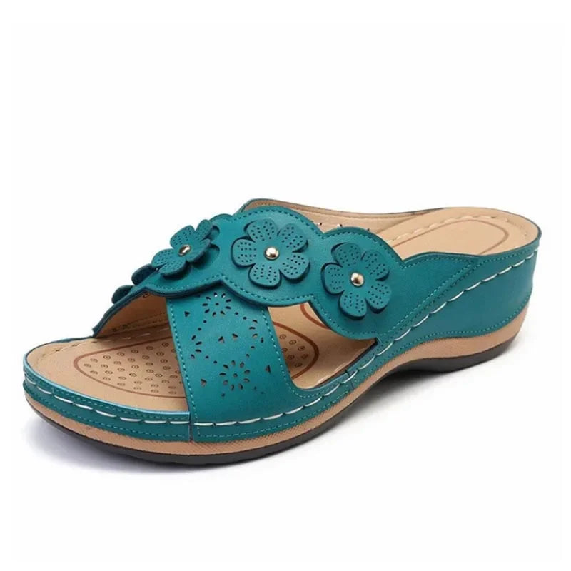 Women's Slip-On Wedge Sandals with Flower Decor Open Toe Hollow Out Summer Beach Slides-Women's Sandals-Green-4-