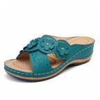 Women's Slip-On Wedge Sandals with Flower Decor Open Toe Hollow Out Summer Beach Slides-Women's Sandals-Green-4-