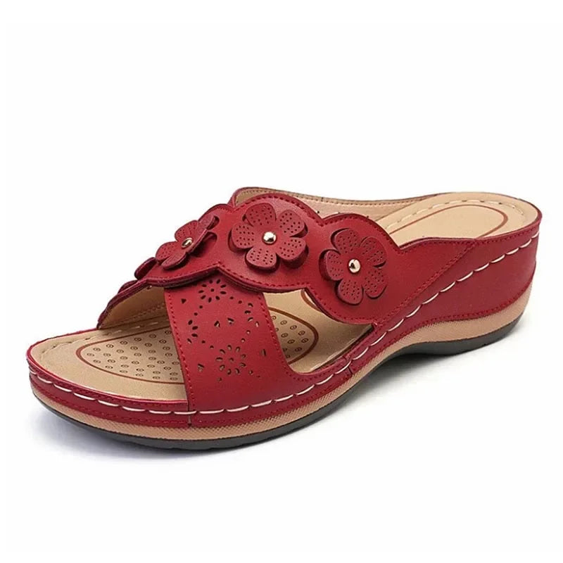 Women's Slip-On Wedge Sandals with Flower Decor Open Toe Hollow Out Summer Beach Slides-Women's Sandals-Red-4-