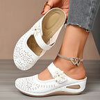 Women's Slip-On Wedge Sandals with Flower Decor Hollow Out Round Toe Closed Toe Summer Mules-Women's Slippers-White-5-