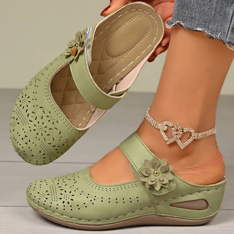 Women's Slip-On Wedge Sandals with Flower Decor Hollow Out Round Toe Closed Toe Summer Mules-Women's Slippers-Green-5-